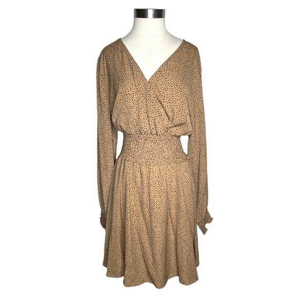 Shein Curve Long Sleeve V-Neck Dress Smocked Waist Tan W/Black Spots Size 1XL - Picture 10 of 10